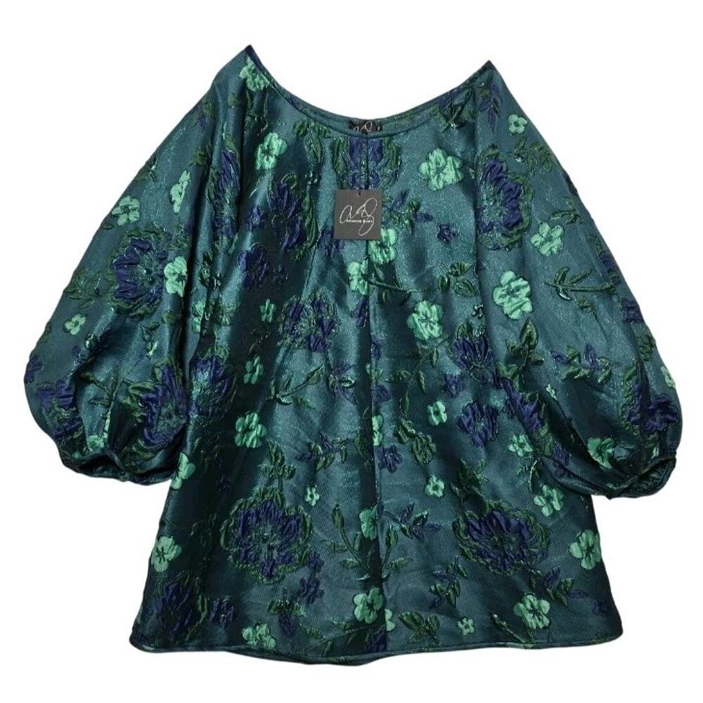 Arianne Teal and Navy Floral Jacquard Puff Sleeve Dress